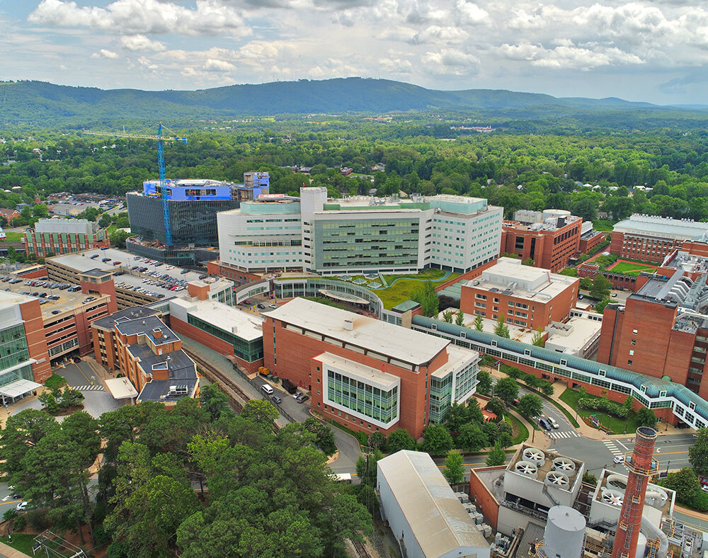 aerial photo of UVA hospital