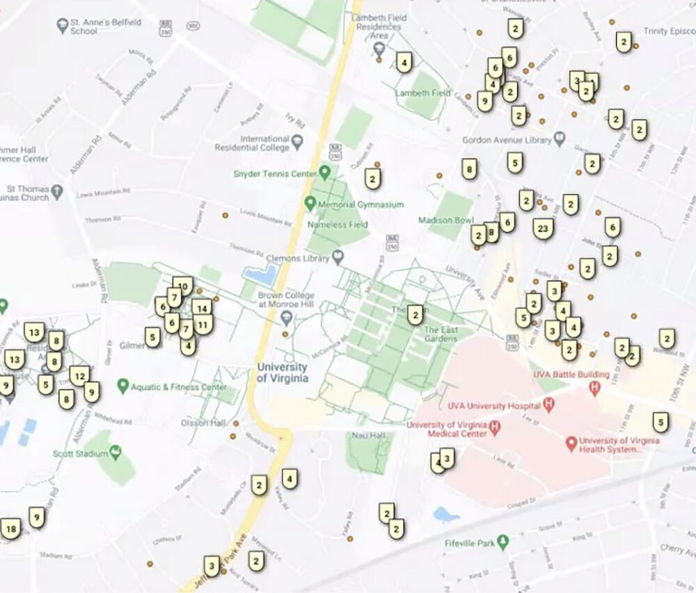 A map showing where UVA’s COVID-19 cases live.