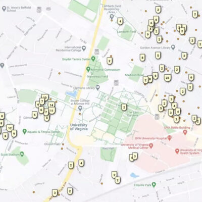 A map showing where UVA’s COVID-19 cases live.