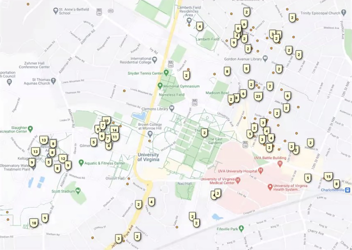 A map showing where UVA’s COVID-19 cases live.