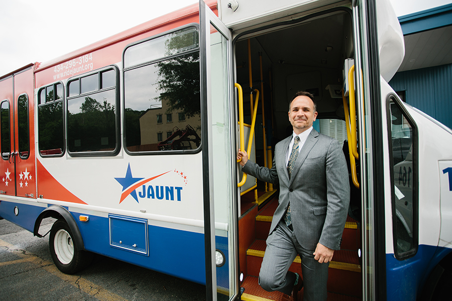 Photo of Brad Sheffiled stepping off of JAUNT bus