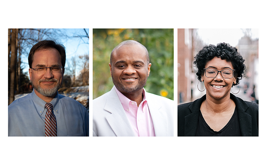 Photos of city school board member Jaundeigo Wade, UVA project manager Brian Pinkston, and entrepreneur Yas Washington