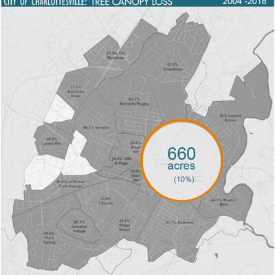 The above map shows the amount of tree canopy lost in the city from 2004 to 2018